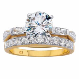 PalmBeach Jewelry Yellow Gold-Plated or Platinum-Plated Sterling Silver Two Tone Round and Baguette Cut CZ 2 Piece Bridal Ring Set Size 6