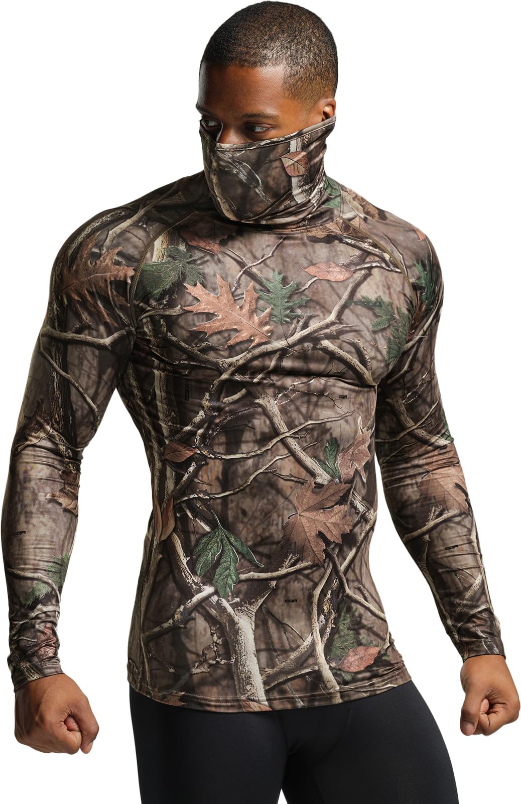 TSLA Men's Thermal Long Sleeve Compression Shirts, Mock/Turtleneck Winter Sports Running Base Layer Top, Heatlock Face Mask Print Hunting Camo, Medium