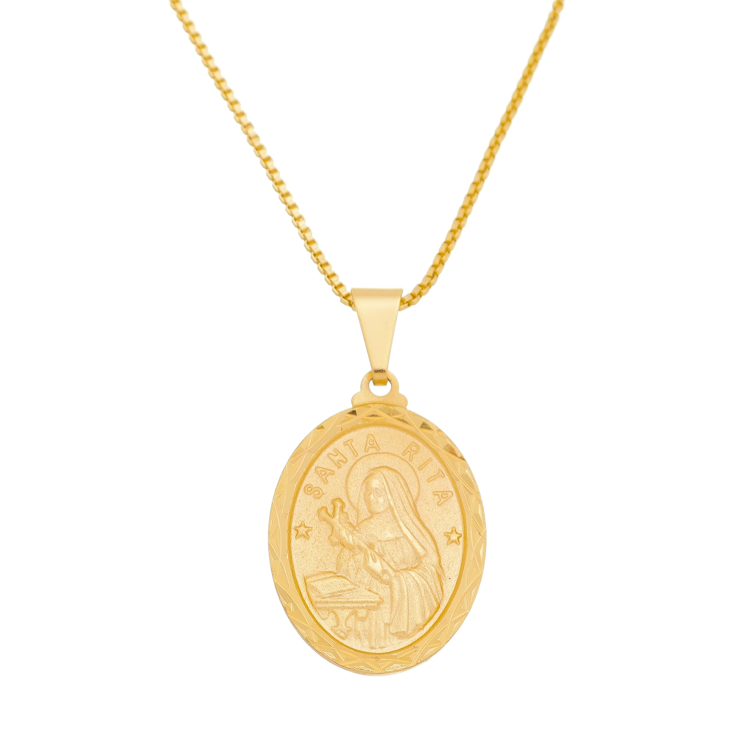 Tudo Jóias Unissex 18k gold plated Saint Rita medal Pendant with Box Necklace 23.6 inches Made in Brazil