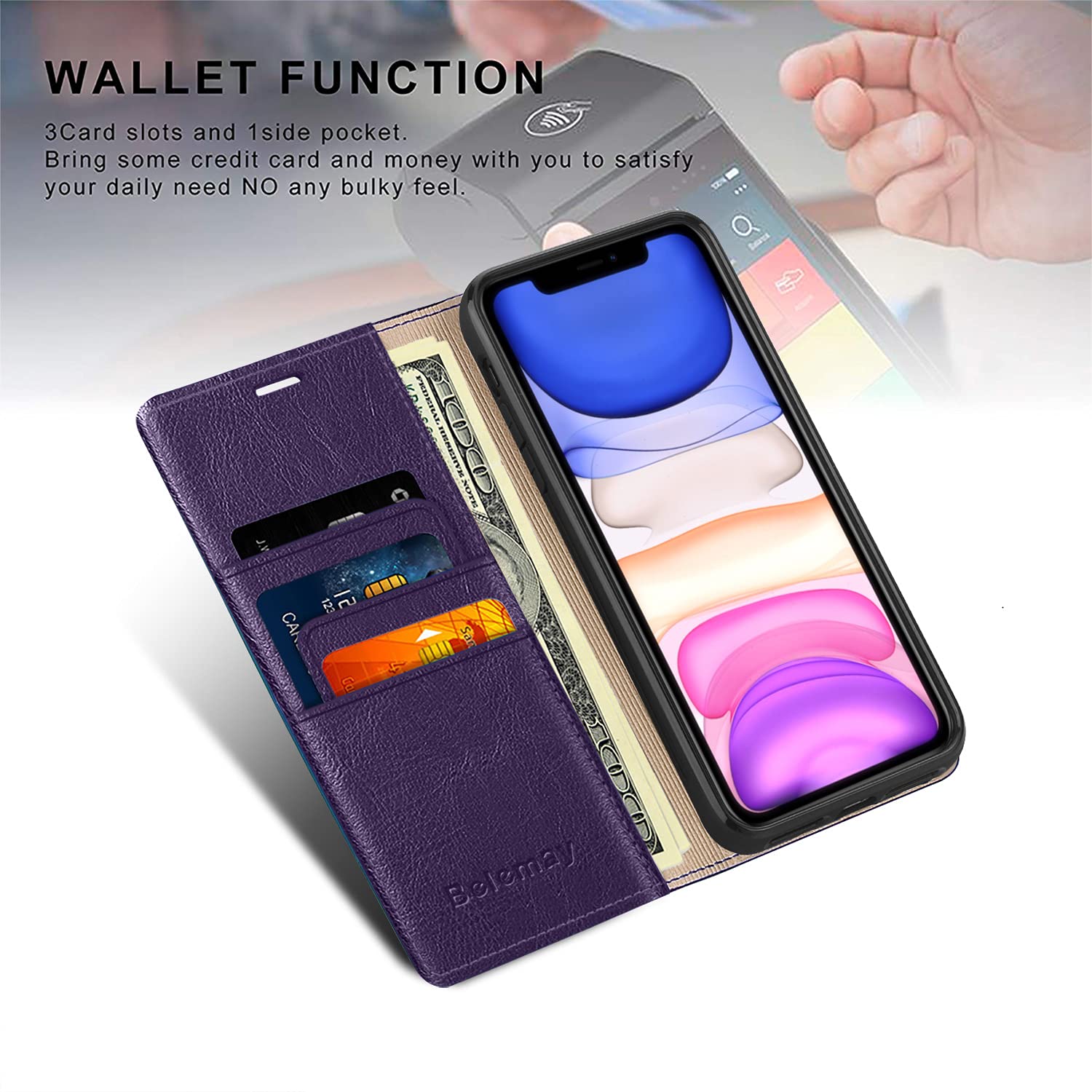 Belemay iPhone 11 Wallet Case, iPhone 11 Case, [Genuine Cowhide Leather] Flip Cover [RFID Blocking] Card Holder [Soft TPU Shell] Book Folio Folding Case, Kickstand Function (2019 6.1 inch) Purple