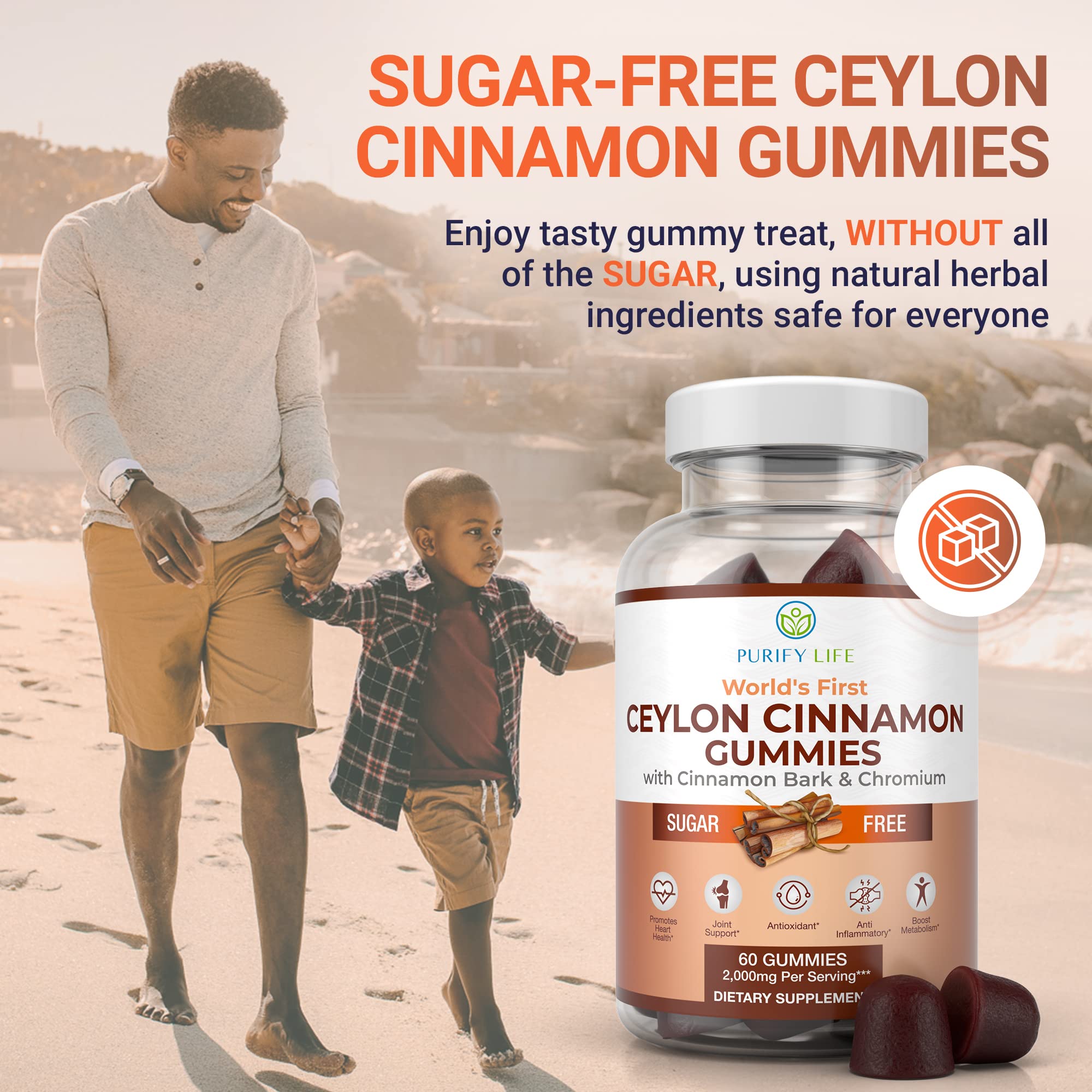 Sugar-Free Ceylon Cinnamon Gummies (2,000mg/Serving) Joint Pain Support Cinnamon Supplement & Brain Health, Vegan, Gluten-Free, Replace Ceylon Cinnamon Capsules, Pills, Powder Extract 60 Chews