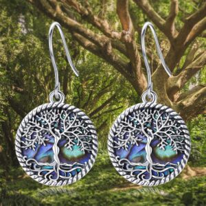 Odinstone Sterling Silver Tree of Life Earrings for Women Family Tree Pendants Natural Abalone Shell Drop Dangle Earrings Necklace Fashion Jewelry, with Fine Gift