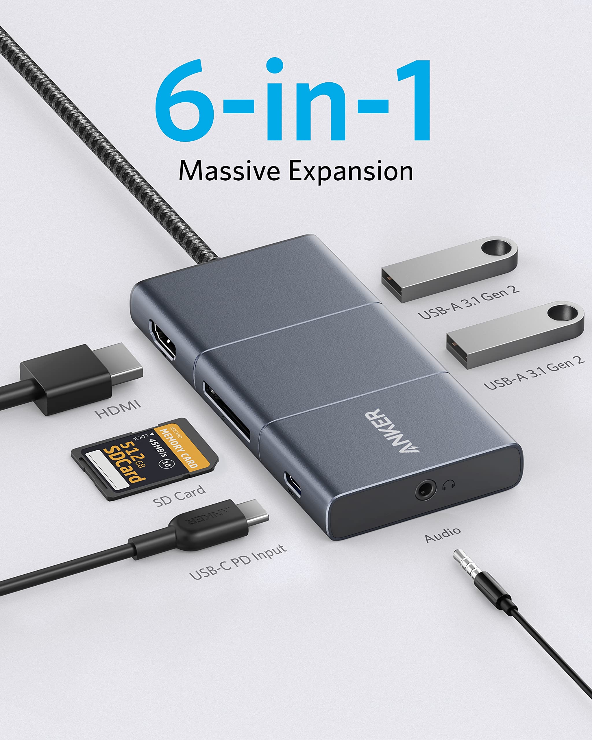 Anker USB C Hub, PowerExpand 6-in-1 Adapter, with 4K HDMI, 100W Power Delivery Port, 2 10 Gbps A Ports, SD Card Reader, and 3.5mm Audio, for MacBook Air, Pro, XPS, More