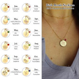 CERSLIMO Birthday Gifts for Her Birth Flower Necklaces, 18K Gold Plated Dainty March Birth Month Floral Birthstone Coin Pendant Necklaces Cherry Blossom Wildflower Jewelry Gifts for Women