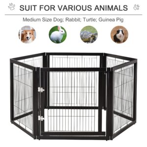 PawHut Transformable Pet Playpen 6 Freestanding Panels Gate Fireplace Christmas Tree Fence Stair Barrier Room Divider with Walk Through Door Wooden Frame Metal Mesh Black 63'' x 54.5'' x 31.5''