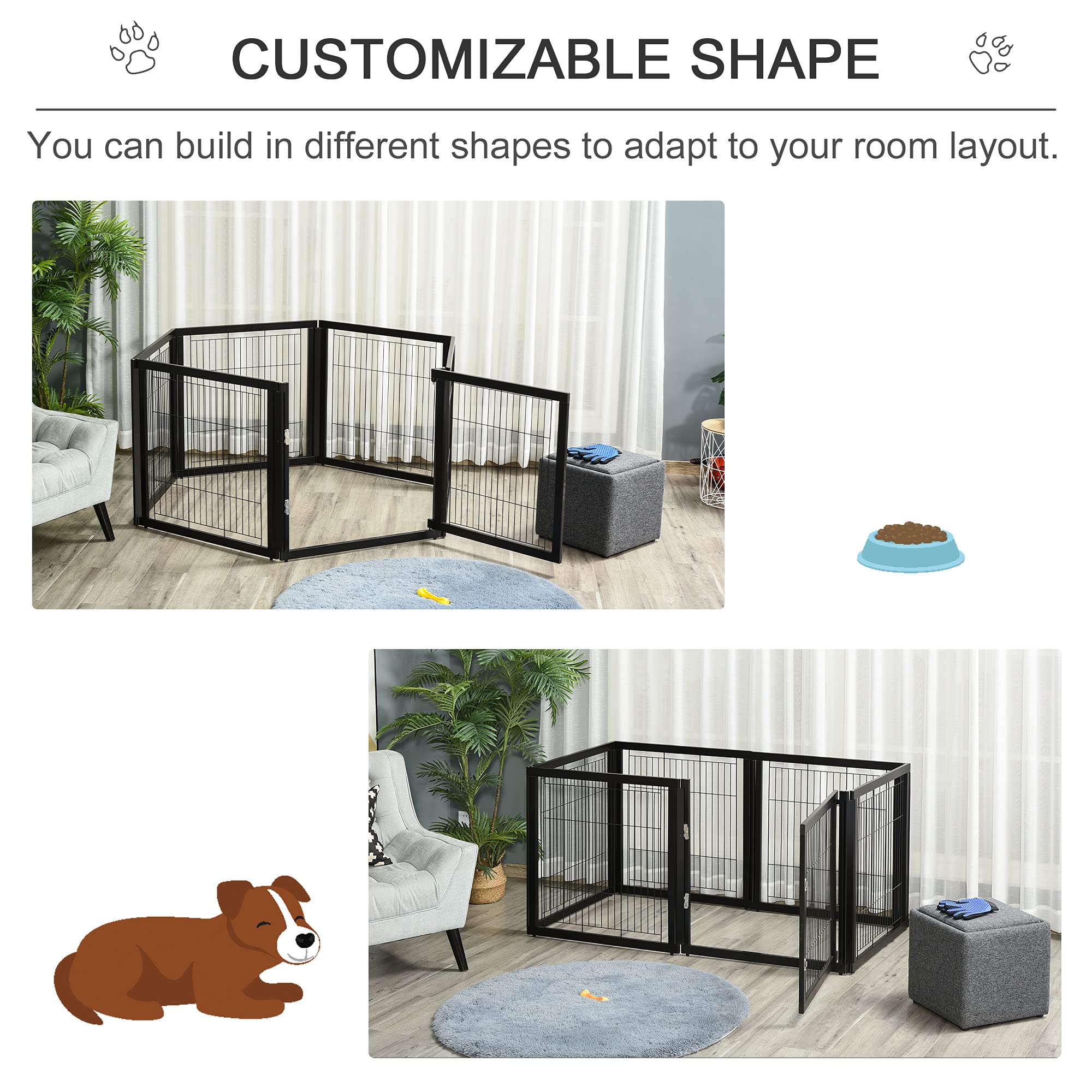 PawHut Transformable Pet Playpen 6 Freestanding Panels Gate Fireplace Christmas Tree Fence Stair Barrier Room Divider with Walk Through Door Wooden Frame Metal Mesh Black 63'' x 54.5'' x 31.5''