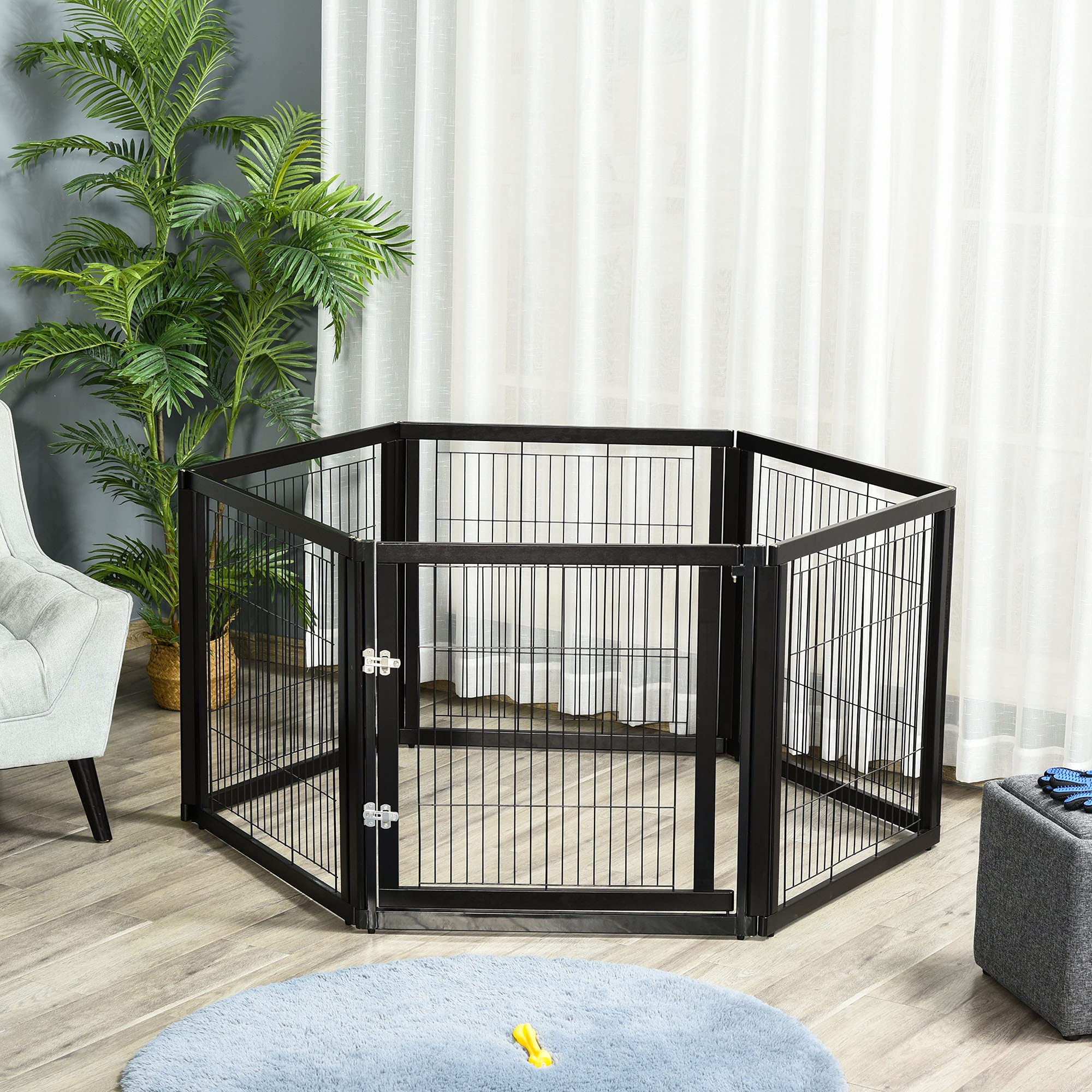 PawHut Transformable Pet Playpen 6 Freestanding Panels Gate Fireplace Christmas Tree Fence Stair Barrier Room Divider with Walk Through Door Wooden Frame Metal Mesh Black 63'' x 54.5'' x 31.5''