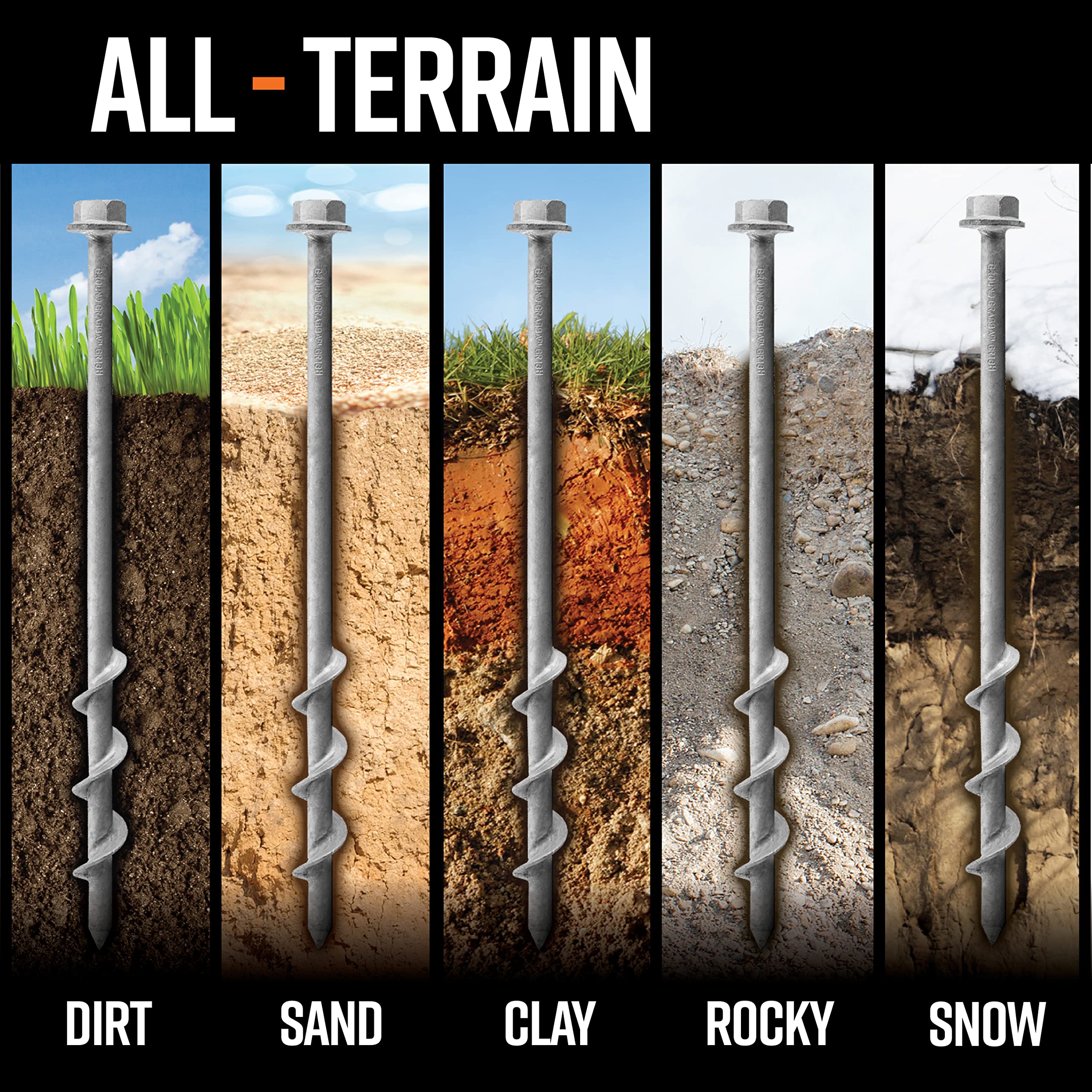 GROUNDGRABBA Screw in Tent Stake for Sand and Loose Ground | Premium Drill Driven Ground Anchor Earth Screws | Sand Screw Anchor | 4X GroundGrabba Pro 1 Stakes