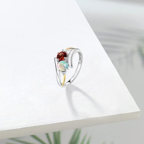 Gem Stone King 925 Sterling Silver and 10K Yellow Gold Red Garnet White Simulated Opal and Lab Grown Diamond 2 Stone Crossover Ring (1.52 Cttw, Available in size 5, 6, 7, 8, 9)