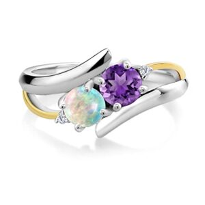 Gem Stone King 925 Sterling Silver and 10K Yellow Gold Purple Amethyst White Simulated Opal and White Lab Grown Diamond Ring For Women (1.00 Cttw, Gemstone Birthstone, Available In Size 5, 6, 7, 8, 9)