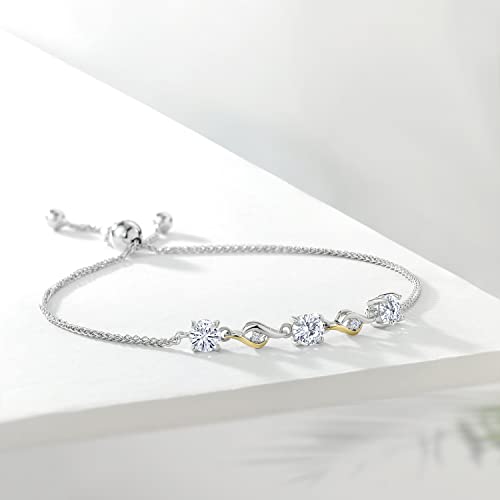 Gem Stone King 925 Sterling Silver and 10K Yellow Gold 5MM Round White Moissanite and White Lab Grown Diamond Tennis Bracelet For Women | 1.52 Cttw | Fully Adjustable Up to 9 Inch