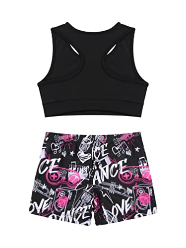 YONGHS Kids Girls Sports Tankini Outfit Crop Top with Booty Shorts Gymnastic Suit Swimsuit Swimwear Rock Music Rose 5-6 Years