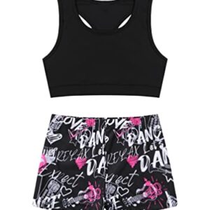 YONGHS Kids Girls Sports Tankini Outfit Crop Top with Booty Shorts Gymnastic Suit Swimsuit Swimwear Rock Music Rose 5-6 Years