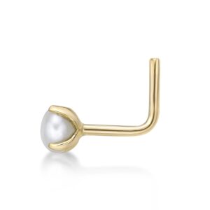 Lavari Jewelers 3 mm Fresh Water Pearl 20 Gauge L-Shape Nose Stud for Women - 14k Yellow Gold Nose Ring - Unisex Stud Hypoallergenic Nostril Piercing Jewelry - 20G Body Piercing for Men