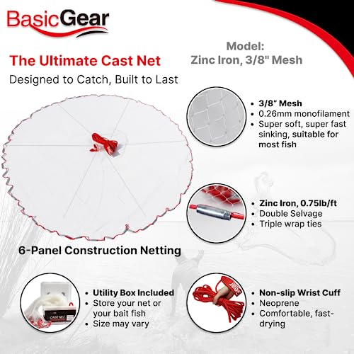 BasicGear Cast Net | Zinc Iron, 3ft Radius, 3/8 inch Mesh for Freshwater and Saltwater Bait Fish | Professional Grade and Upgraded Material | Throw Style