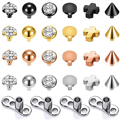 BodyAce 16g Crystal Micro Dermal Tops, Stainless Steel Dermal Base, Rose Gold Dermal Anchor Tops for Women Men, Skin Piercing Tops 3mm 4mm Dermal Piercing Jewelry (D Set:28Pcs(4mm))