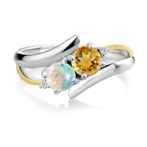 Gem Stone King 925 Sterling Silver and 10K Yellow Gold Yellow Citrine White Simulated Opal and White Lab Grown Diamond 2 Stone Crossover Ring (1.25 Cttw, Available in size 5, 6, 7, 8, 9)