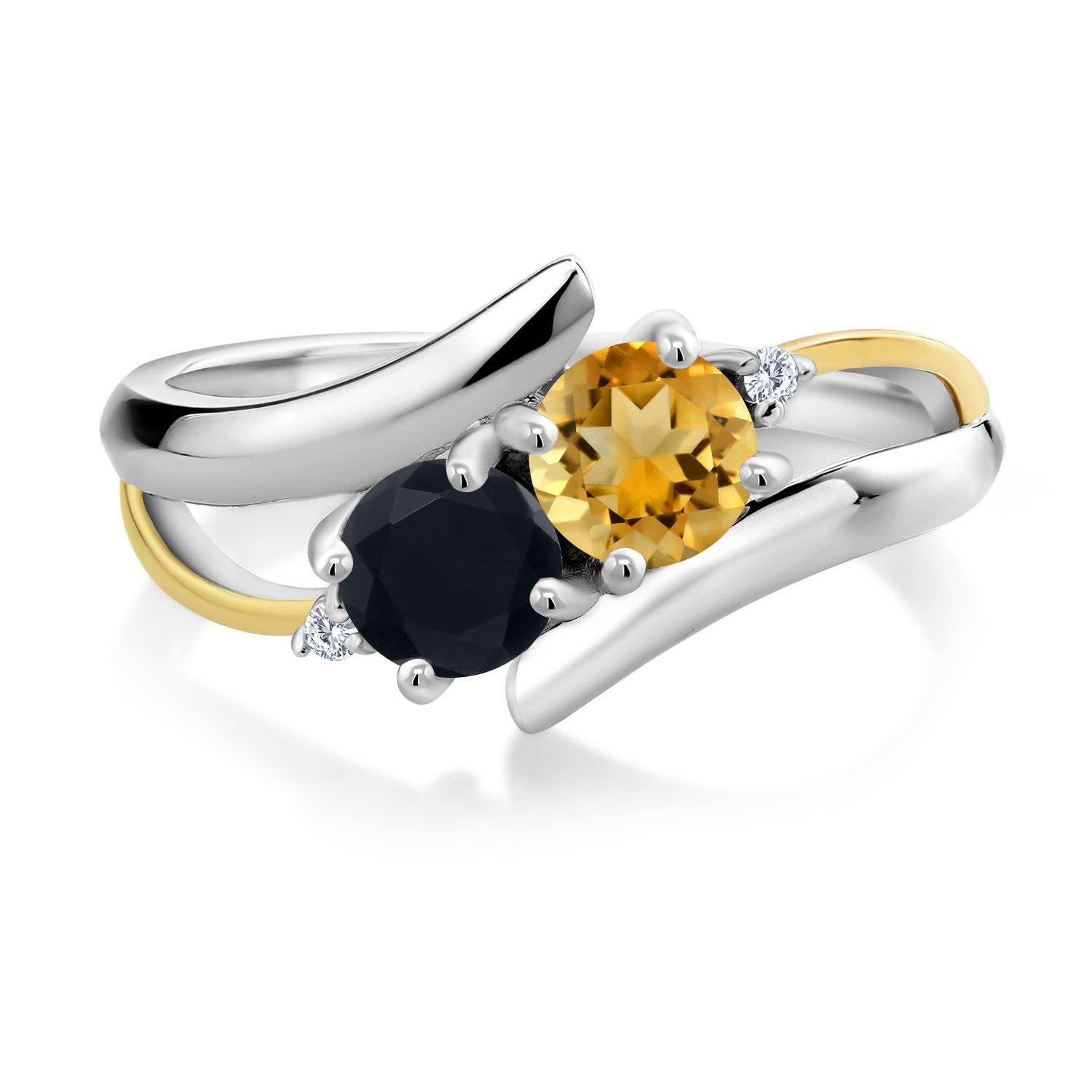 Gem Stone King 925 Sterling Silver and 10K Yellow Gold Yellow Citrine Black Onyx and White Lab Grown Diamond Women Ring (1.22 Cttw, Gemstone Birthstone, Available In Size 5, 6, 7, 8, 9)