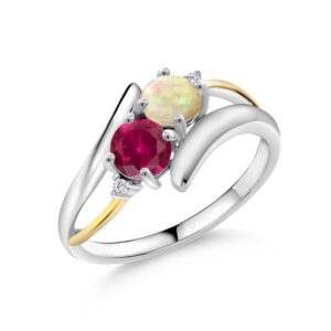 Gem Stone King 925 Sterling Silver & 10K Yellow Gold Round Cabochon White Ethiopian Opal Red Created Ruby & Lab Grown Diamond Women Ring (1.32 Cttw, Available In Size 5, 6, 7, 8, 9)