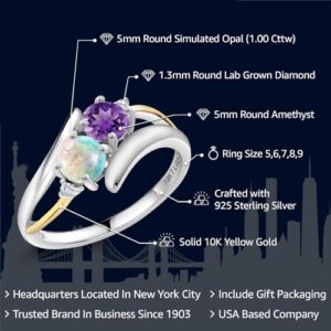 Gem Stone King 925 Sterling Silver and 10K Yellow Gold Purple Amethyst White Simulated Opal and White Lab Grown Diamond Ring For Women (1.00 Cttw, Gemstone Birthstone, Available In Size 5, 6, 7, 8, 9)