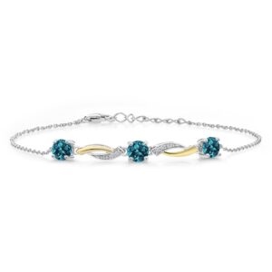 gem stone king 925 silver and 10k yellow gold london blue topaz and white lab grown diamond tennis bracelet for women (2.14 cttw, gemstone birthstone, 7 inch, with 1 inch extender)