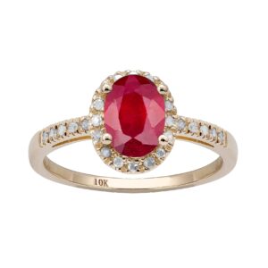 10k yellow gold oval ruby and diamond halo ring