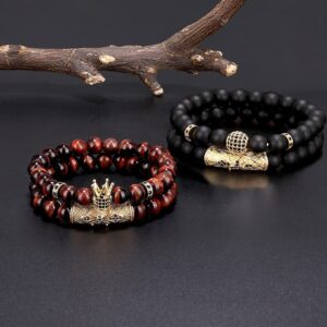 SAMOCO 4 Pcs 8mm Crown King Bracelets for Men Women Tiger Eye Black Matte Onyx Cool Natural Stone Beads Bracelets Set