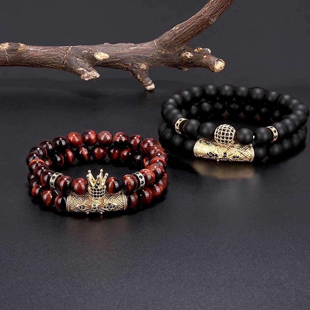 SAMOCO 4 Pcs 8mm Crown King Bracelets for Men Women Tiger Eye Black Matte Onyx Cool Natural Stone Beads Bracelets Set