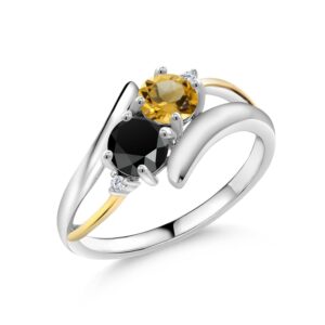 Gem Stone King 925 Sterling Silver and 10K Yellow Gold Yellow Citrine Black Onyx and White Lab Grown Diamond Women Ring (1.22 Cttw, Gemstone Birthstone, Available In Size 5, 6, 7, 8, 9)