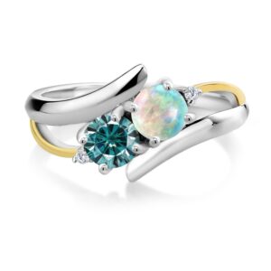 Gem Stone King 925 Sterling Silver and 10K Yellow Gold Round/Cabochon White Simulated Opal and Blue Moissanite Ring For Women (1.02 Cttw, Gemstone Birthstone, Available in size 5, 6, 7, 8, 9)