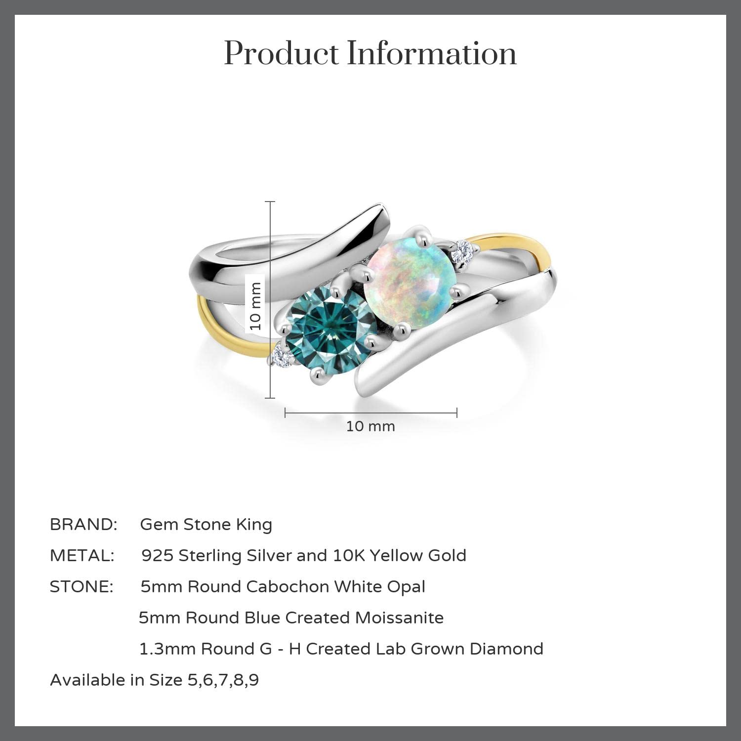 Gem Stone King 925 Sterling Silver and 10K Yellow Gold Round/Cabochon White Simulated Opal and Blue Moissanite Ring For Women (1.02 Cttw, Gemstone Birthstone, Available in size 5, 6, 7, 8, 9)