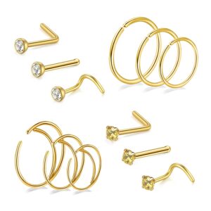 BodyAce 12pcs 20g Gold Nose Ring Hoop Nose Studs for Men Women Nose Piercing Jewelry Diamond Septum Ring Nose Bones/L Shaped/Nose Screw Sets Stainless Steel Nostril Studs (Gold)