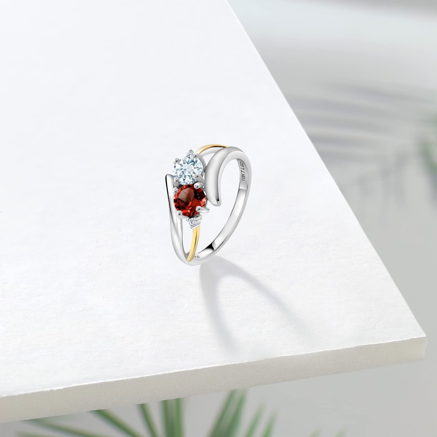 925 Sterling Silver and 10K Yellow Gold Sky Blue Aquamarine Red Garnet and White Lab Grown Diamond 2 Stone Crossover Ring For Women (1.52 Cttw, Gemstone Birthstone, Available in size 5, 6, 7, 8, 9)