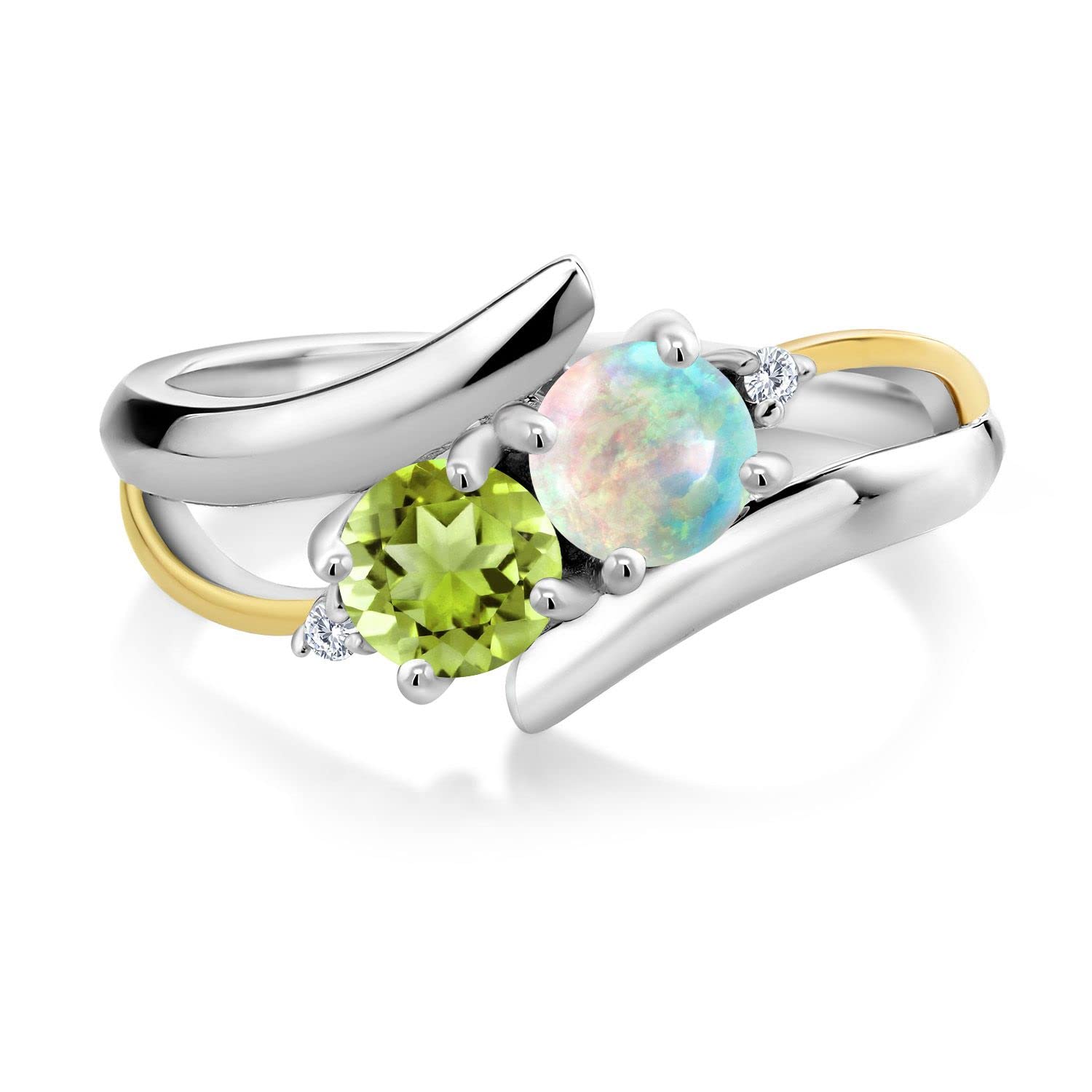 925 Sterling Silver and 10K Yellow Gold Round Cabochon White Simulated Opal Green Peridot and Lab Grown Diamond 2 Stone Crossover Ring For Women (1.07 Cttw, Available 5,6,7,8,9) (Size 6)