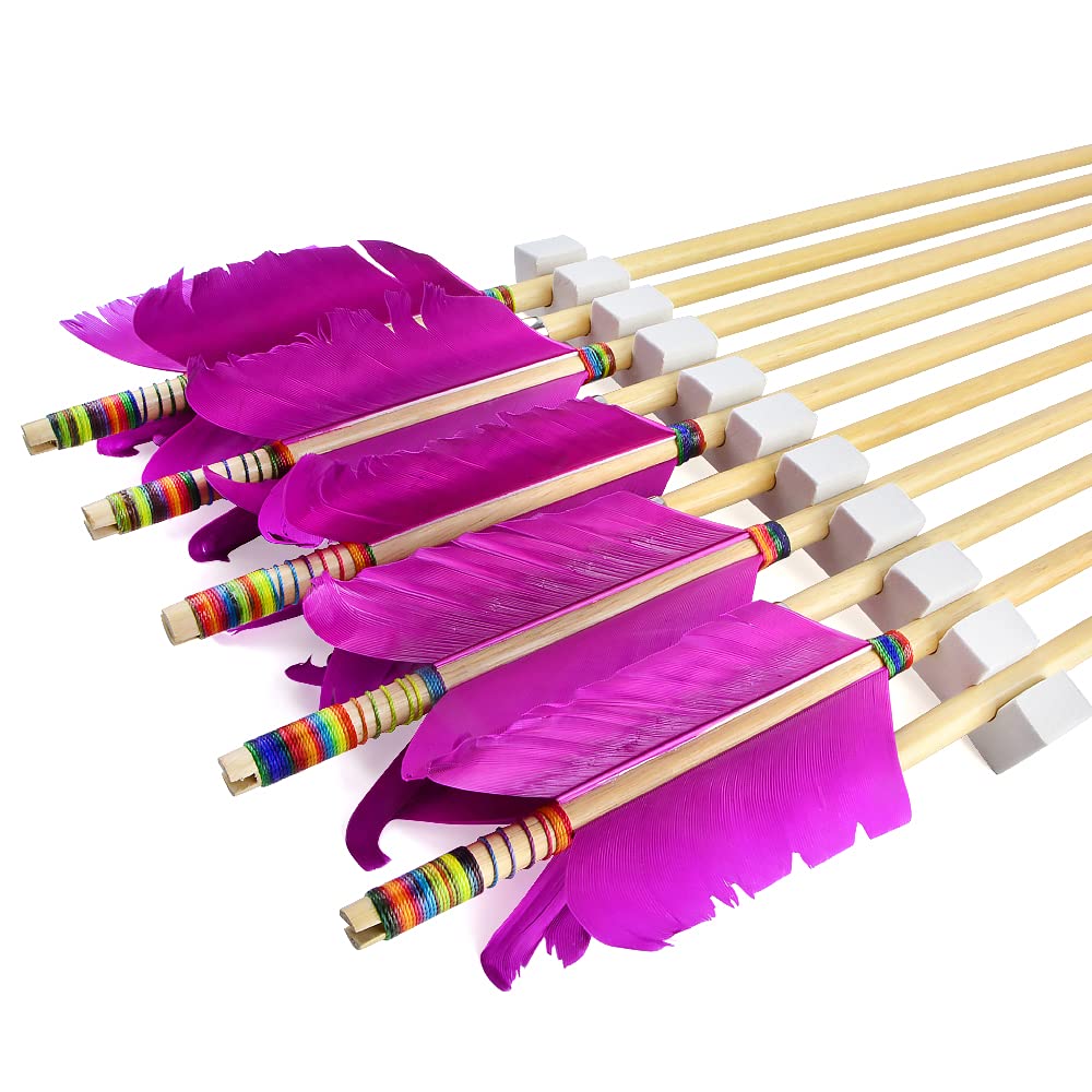 ZSHJGJR Archery Hunting Arrows Wooden Flu-Flu Arrows Traditional Wooden Arrows 4 Turkey Feathers Fletching for Recurve Bow Longbow Practice Targeting Hunting Shooting 6/12 Pack (6, Purplish Red)