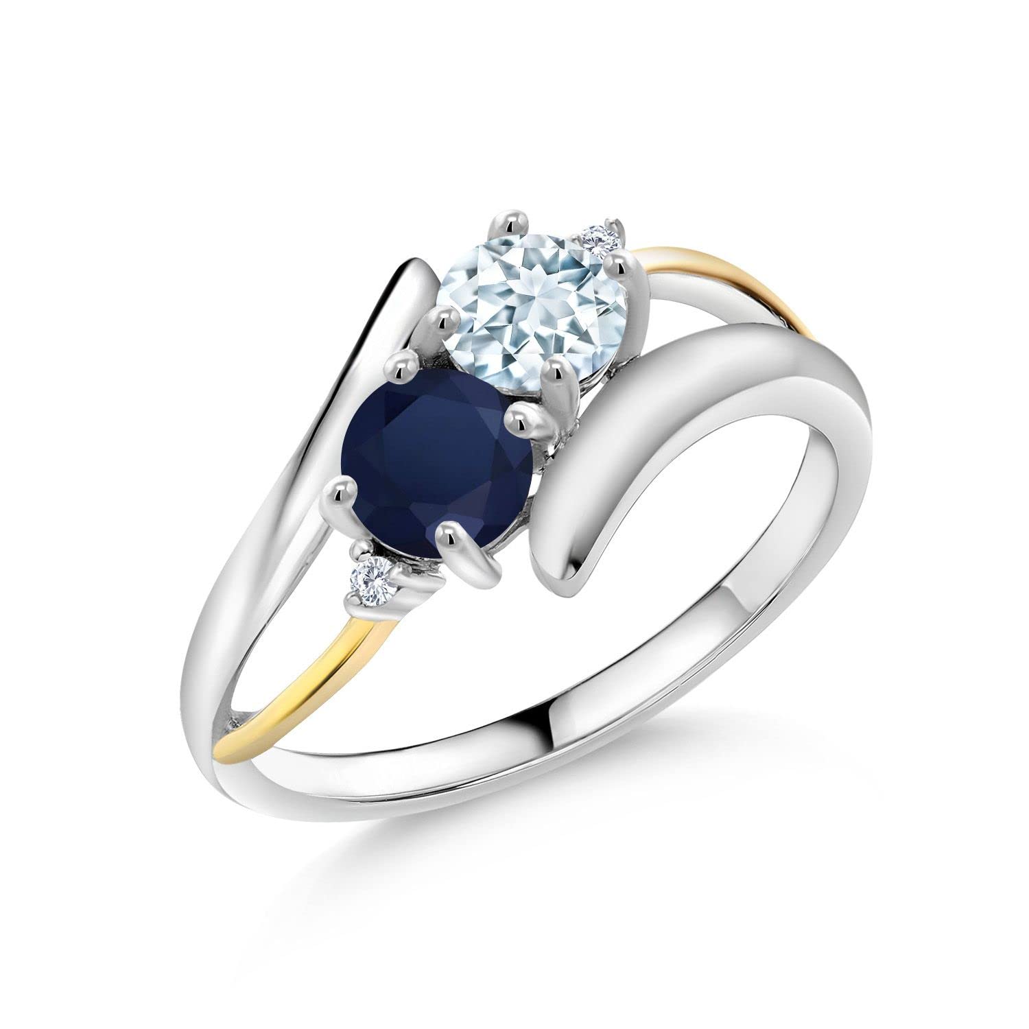 925 Sterling Silver and 10K Yellow Gold Sky Blue Aquamarine Blue Sapphire and White Lab Grown Diamond 2 Stone Crossover Ring (1.12 Cttw, Gemstone Birthstone, Available in size 5, 6, 7, 8, 9)