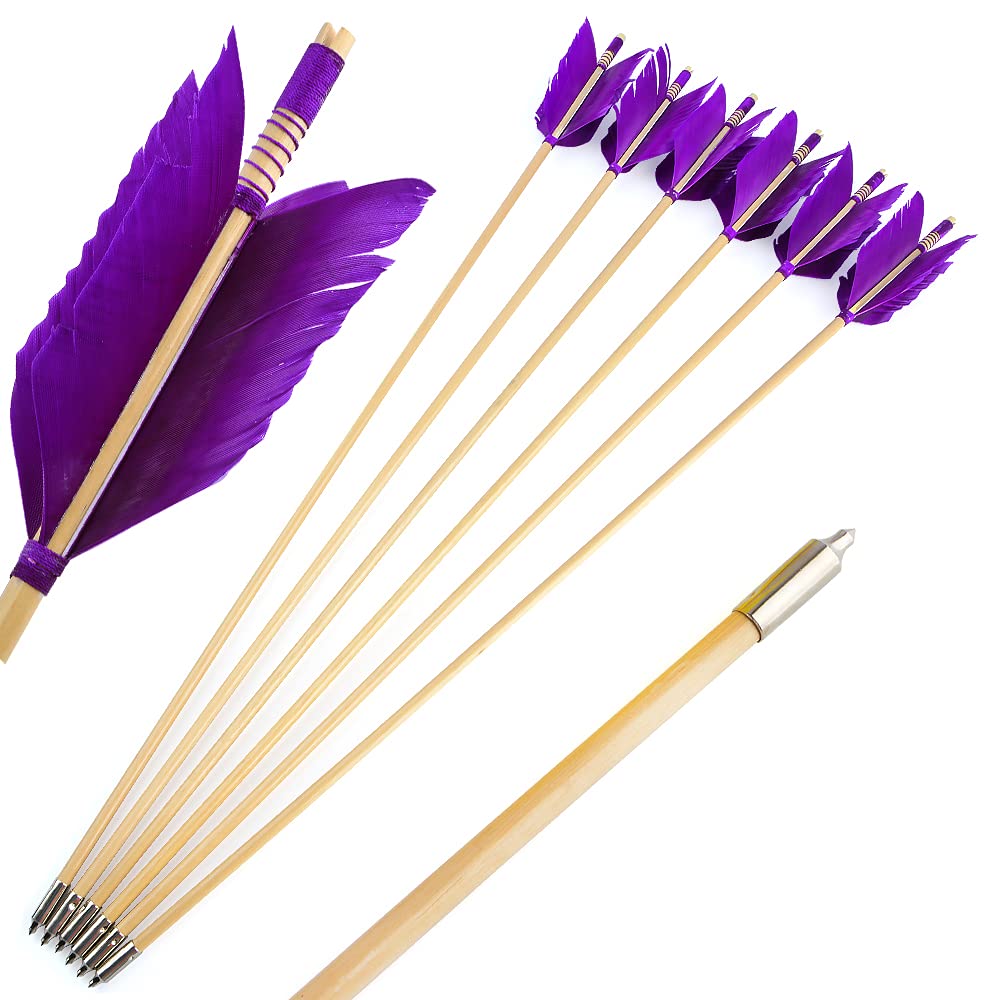 ZSHJGJR Archery Hunting Arrows Wooden Flu-Flu Arrows Traditional Wooden Arrows 4 Turkey Feathers Fletching for Recurve Bow Longbow Practice Targeting Hunting Shooting 6/12 Pack (6, Purplish Red)