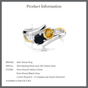 Gem Stone King 925 Sterling Silver and 10K Yellow Gold Yellow Citrine Black Onyx and White Lab Grown Diamond Women Ring (1.22 Cttw, Gemstone Birthstone, Available In Size 5, 6, 7, 8, 9)