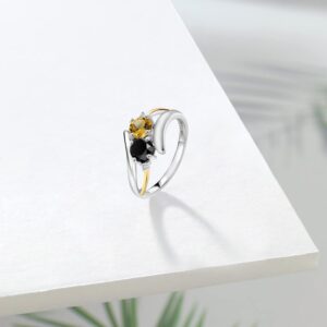 Gem Stone King 925 Sterling Silver and 10K Yellow Gold Yellow Citrine Black Onyx and White Lab Grown Diamond Women Ring (1.22 Cttw, Gemstone Birthstone, Available In Size 5, 6, 7, 8, 9)