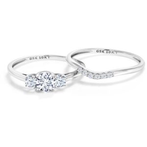 10K White Gold Forever Classic Moissanite From Charles & Colvard and White Created Sapphire and Lab Grown Diamond 3-Stone Bridal Engagement Wedding Ring Set For Women (0.83 Cttw, Round 5MM, Size 6)