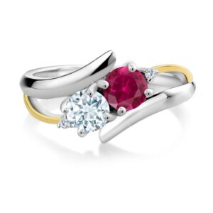 Gem Stone King 925 Sterling Silver and 10K Yellow Gold Red Created Ruby and Sky Blue Aquamarine with Lab Grown Diamond 2 Stone Crossover Ring For Women (1.52 Cttw, Available in size 5, 6, 7, 8, 9)