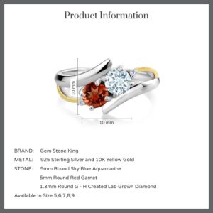 925 Sterling Silver and 10K Yellow Gold Sky Blue Aquamarine Red Garnet and White Lab Grown Diamond 2 Stone Crossover Ring For Women (1.52 Cttw, Gemstone Birthstone, Available in size 5, 6, 7, 8, 9)