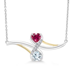 Gem Stone King 925 Sterling Silver and 10K Yellow Gold Red Created Ruby and Sky Blue Aquamarine with Lab Grown Diamond Pendant Necklace For Women (1.08 Cttw with 18 Inch Silver Chain)