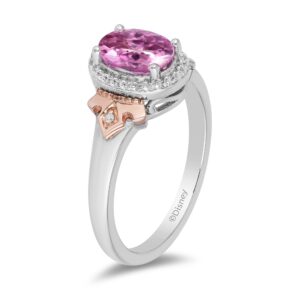 Jewelili Enchanted Disney Fine Jewelry Rose Gold over Sterling Silver 8X6 MM Lab Grown Oval Shape Pink Sapphire and 1/10 Cttw Natural White Round Diamond Aurora Ring, Size 5