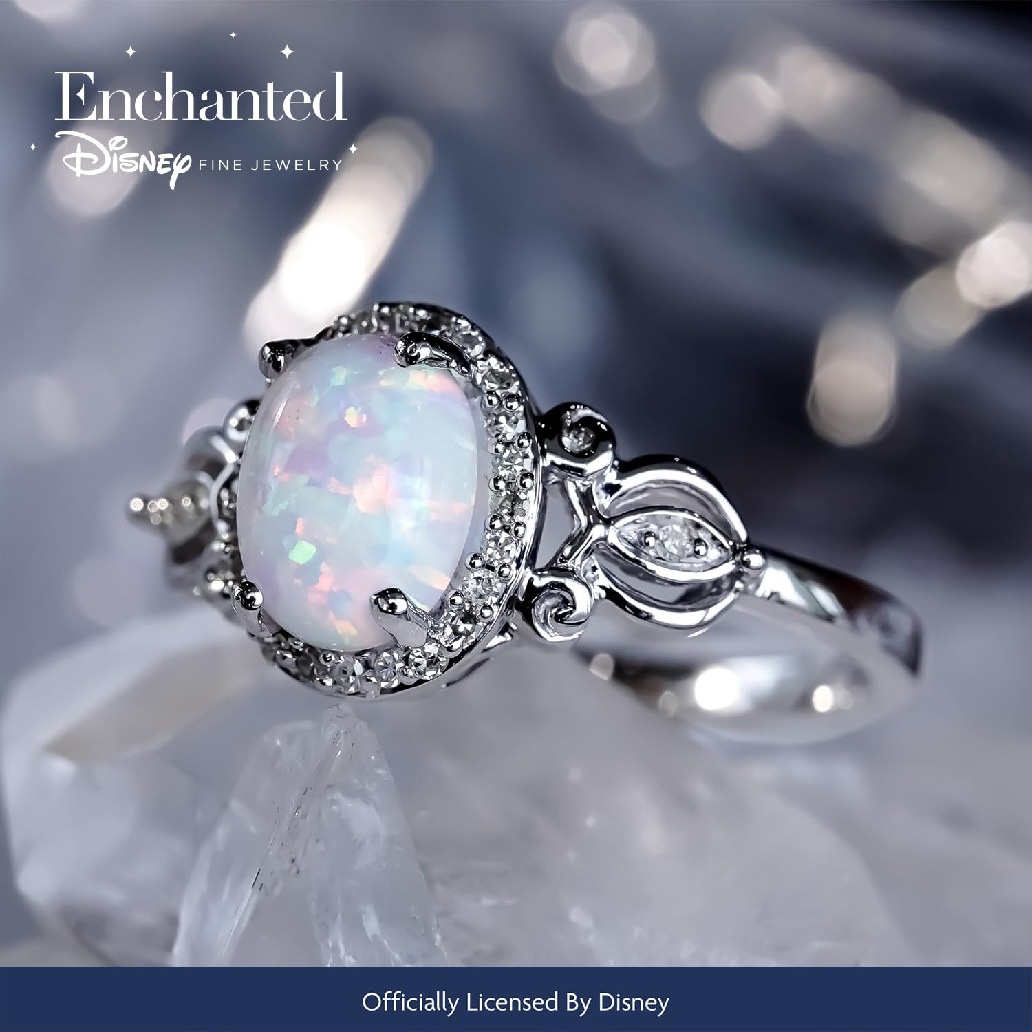 Jewelili Enchanted Disney Fine Jewelry Sterling Silver 8X6 MM Created Opal and 1/10 Cttw Natural White Round Diamond Cinderella Ring, Size 7