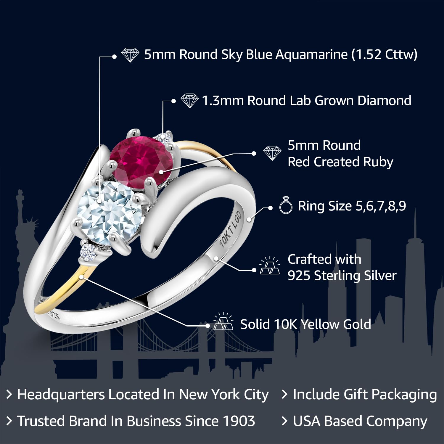 Gem Stone King 925 Sterling Silver and 10K Yellow Gold Red Created Ruby and Sky Blue Aquamarine with Lab Grown Diamond 2 Stone Crossover Ring For Women (1.52 Cttw, Available in size 5, 6, 7, 8, 9)