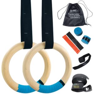 hmart wooden gymnastic rings 1600ibs capacity with loop bands – 15ft woven adjustable numbered straps anti-slip sweat-absorbent hand tape – pull up rings for home outdoor exercise gym rings