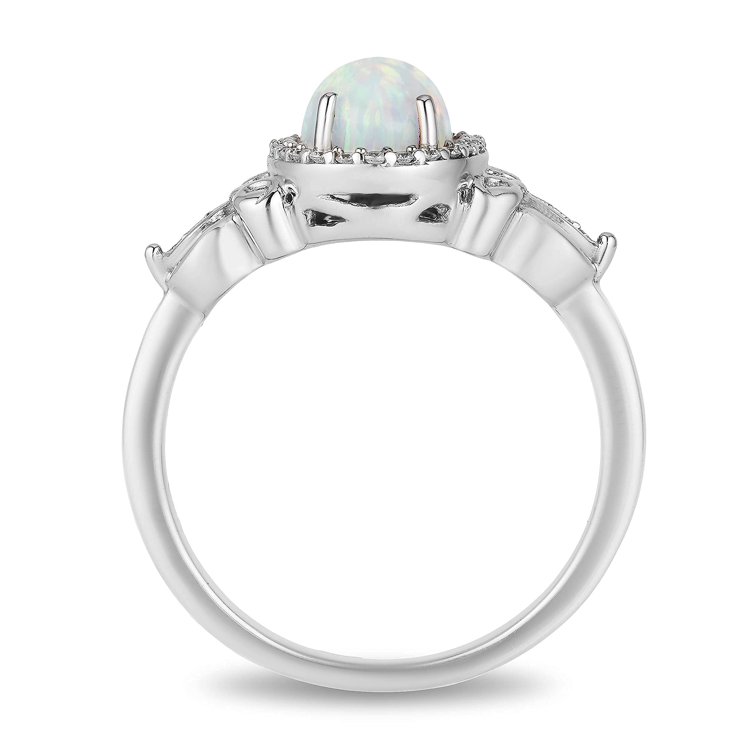 Jewelili Enchanted Disney Fine Jewelry Sterling Silver 8X6 MM Created Opal and 1/10 Cttw Natural White Round Diamond Cinderella Ring, Size 9