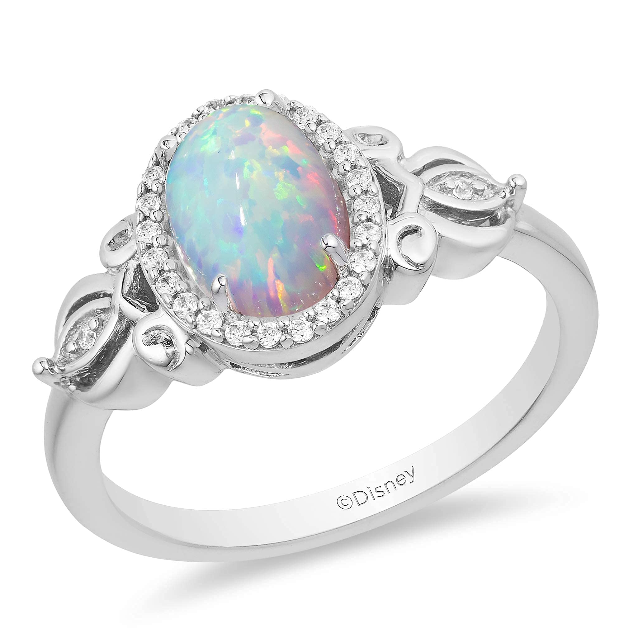 Jewelili Enchanted Disney Fine Jewelry Sterling Silver 8X6 MM Created Opal and 1/10 Cttw Natural White Round Diamond Cinderella Ring, Size 7