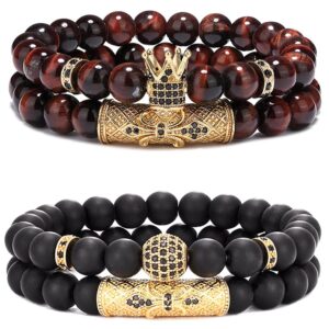 SAMOCO 4 Pcs 8mm Crown King Bracelets for Men Women Tiger Eye Black Matte Onyx Cool Natural Stone Beads Bracelets Set